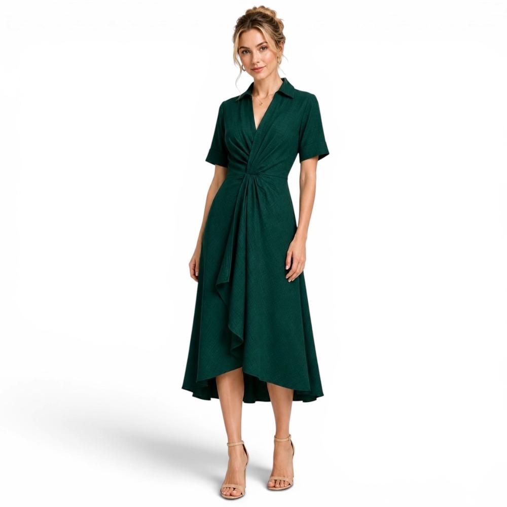 NWT Calvin Klein Green Collared Midi Dress Size 2 Twist Front Faux Wrap Classic